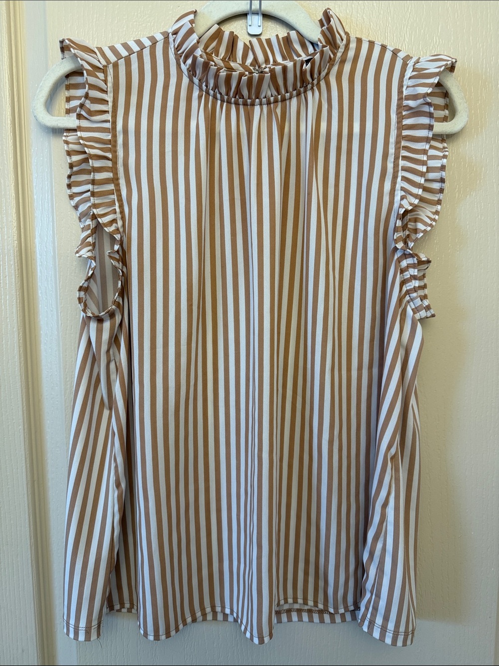 Ann Taylor Factory Tan & White Striped Ruffle-Trim Sleeveless Top